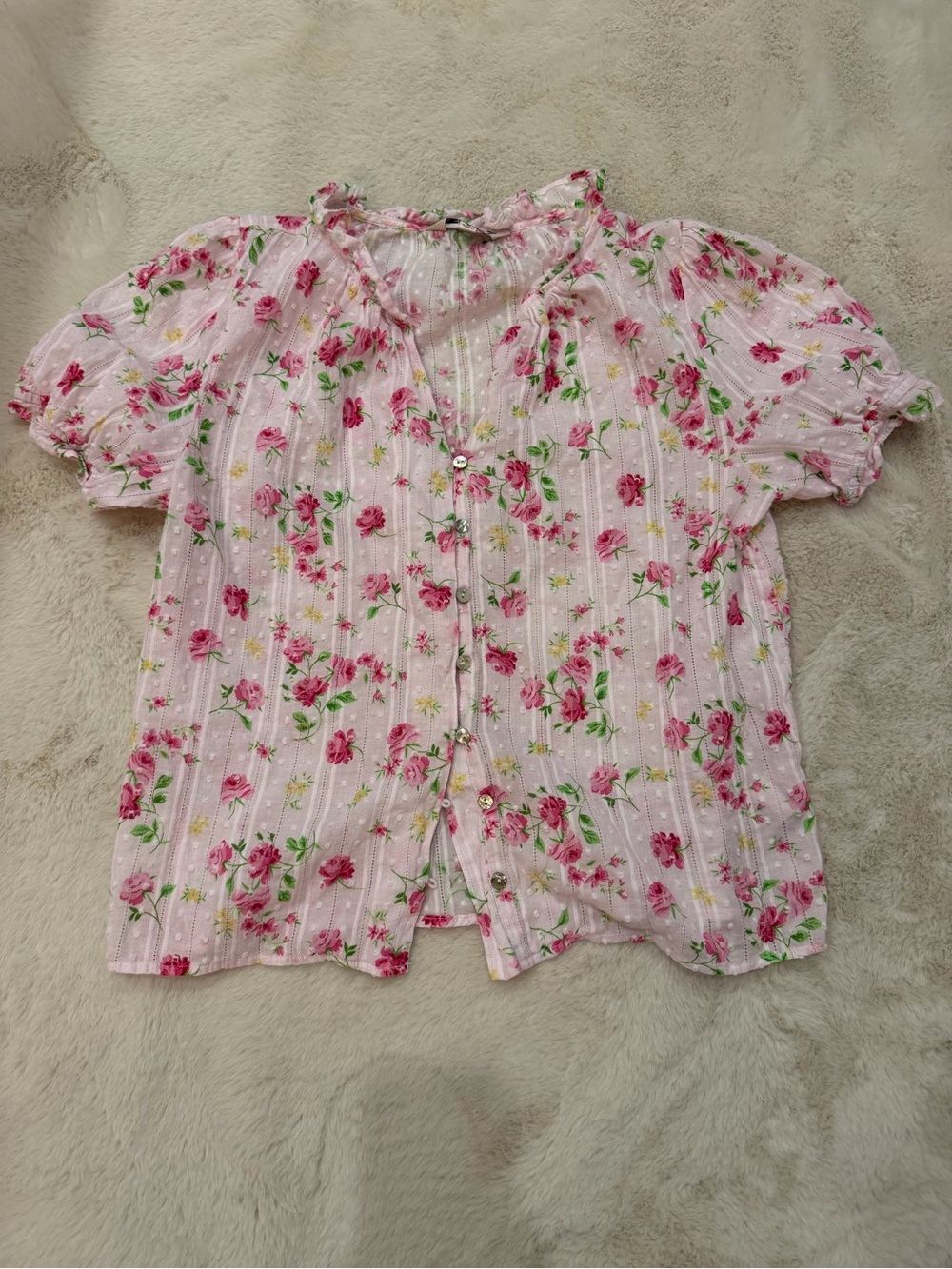 Nanette Lepore Pink Floral Ruffle Button Blouse